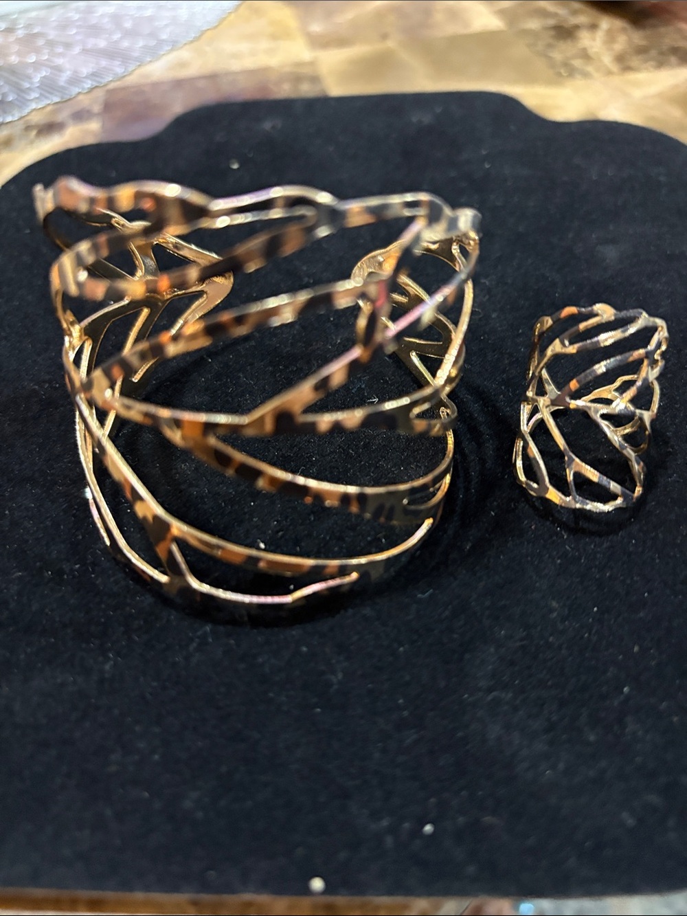 Gold-Tone Open Weave Cuff Bracelet and Ring Set